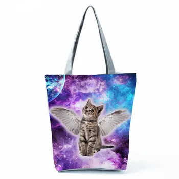 Лилава Небесна чанта на рамото Котка с крила, Чанти с принтом, Модни симпатична чанта, Чанта за пазаруване с Голям капацитет, Преносими Плажна чанта