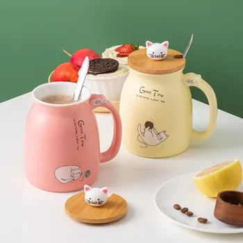 Съдове за напитки, Бебешки подаръци Дама Хубава чаша за котки 450 мл с капак и лъжица Порцеланови чаши за Кафе, за чай с мляко чашата за Кафе