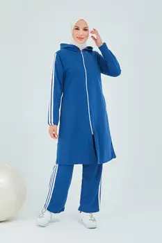 Спортен костюм за хиджаба Комплект спортен костюм за хиджаба с цип Ислямска спортни дрехи за жени ислямското палто Мюсюлманската женствена рокля Комплект якета Турция