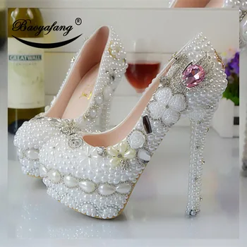 Бао Яфан 2019 Нов прием на Дамски обувки сватбени бели перли Лебед сватбена вечерна рокля обувки Дамски обувки на платформа с високи токчета